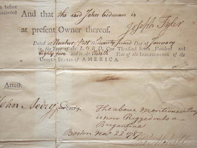 An 18th century Ships' Registry document signed by JOHN HANCOCK as Governor of Massachusetts on Jan.22, 1785. — image 4